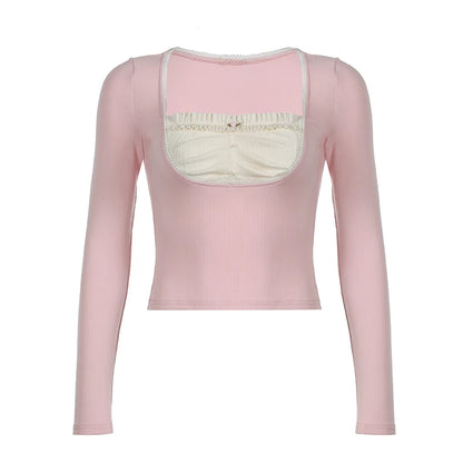 Pink Fake Beige Ruched Under Shirt Long Sleeve