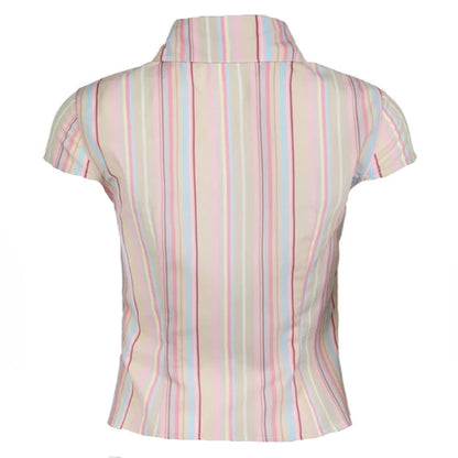 Beige Multicolor Stripe Button Up Short Sleeve