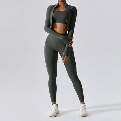 Solid Color Crop Jacket And Crop Top And High Waisted Legging Set