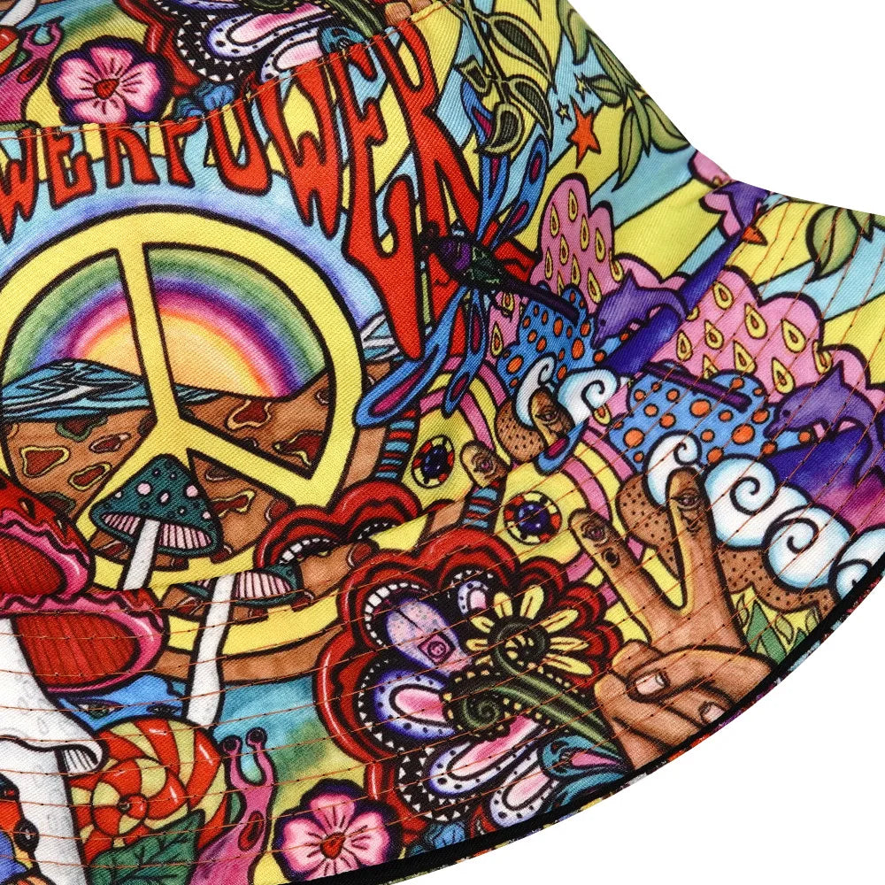 Flower Power Hippie Print Cotton Reversible Bucket Hat