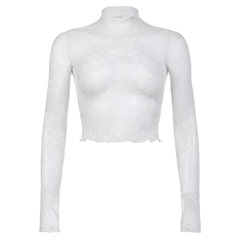 White Lace Turtleneck Lettuce Trim Crop Long Sleeve