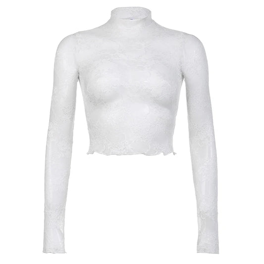 White Lace Turtleneck Lettuce Trim Crop Long Sleeve