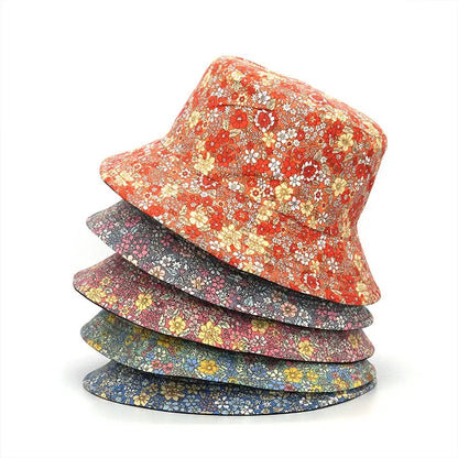 Solid Color Floral Print Cotton Reversible Bucket Hat