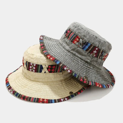 Neutral Washed Out Multicolor Tribal Print Patchwork Cotton Fisherman Bucket Hat