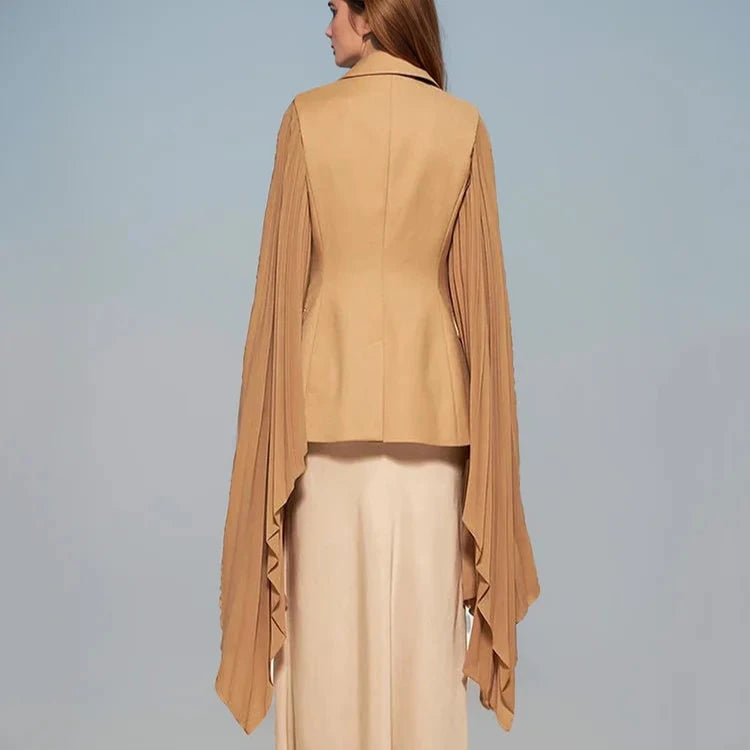 Neutral Pleated Ruffle Flare Sleeve Blazer