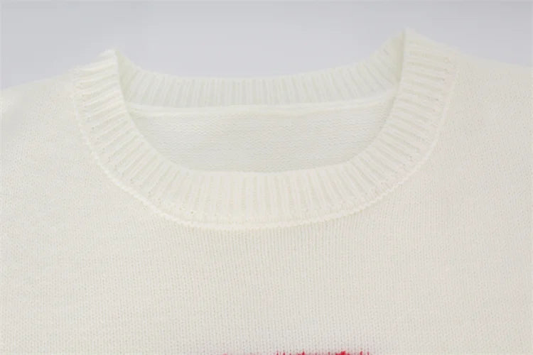 White Knit Red Fleece Hearts Sweater