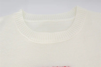 White Knit Red Fleece Hearts Sweater