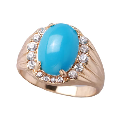 Gold Rhinestone Studded Trim Polished Oval Turquoise Crystal Ring