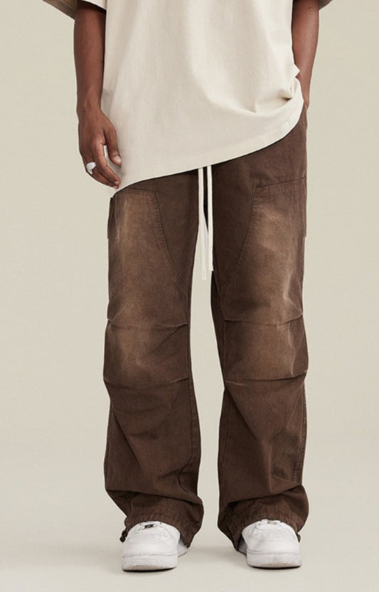 Neutral Denim Drawstring Washed Out Pleated Knee Jogger Jeans