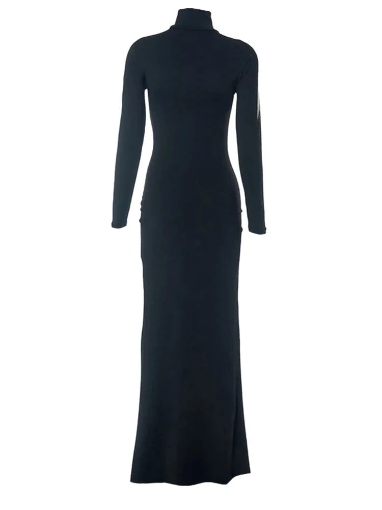 Black Turtleneck Gold Silhouette Long Sleeve Maxi Dress