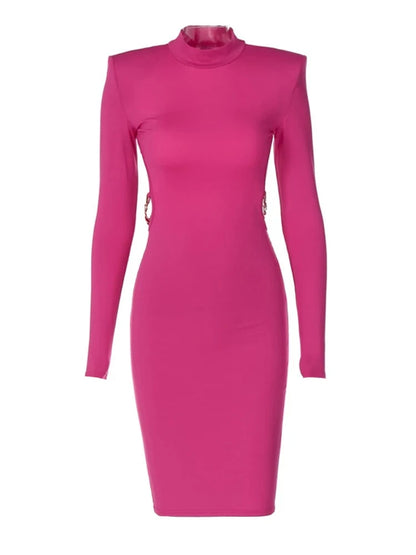 Pink Turtleneck Backless Cuban Link Chain Long Sleeve Midi Dress