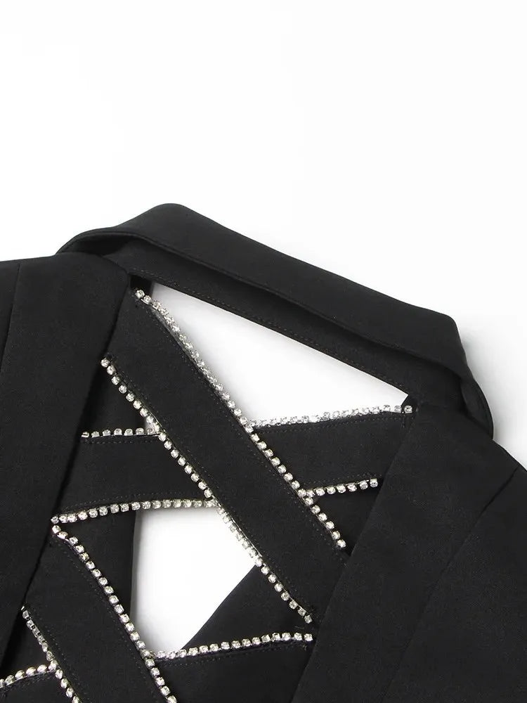 Black Backless Rhinestone Studded Criss-Cross Bow Blazer