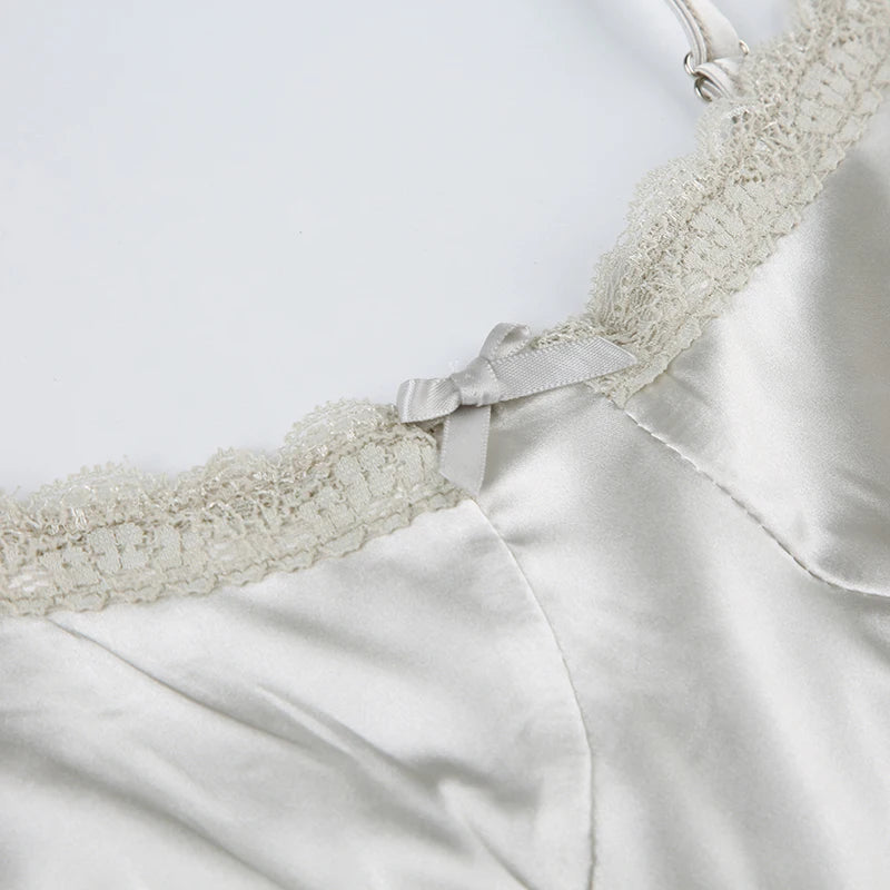 White Silk Lace V-Cut Spaghetti Strap Top