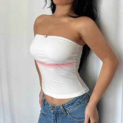 White Pink Rose And Lace Strapless Top