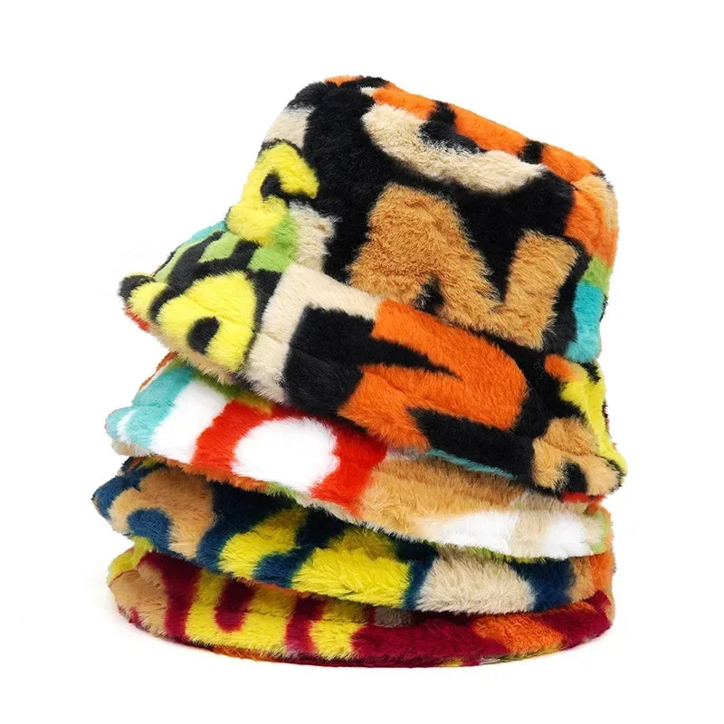 Multicolor Letter Print Fur Bucket Hat