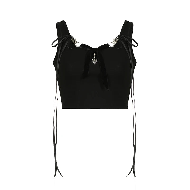 Black Knit Ribbed Chain And Suede Bow Trim Crop Spaghetti Strap Top