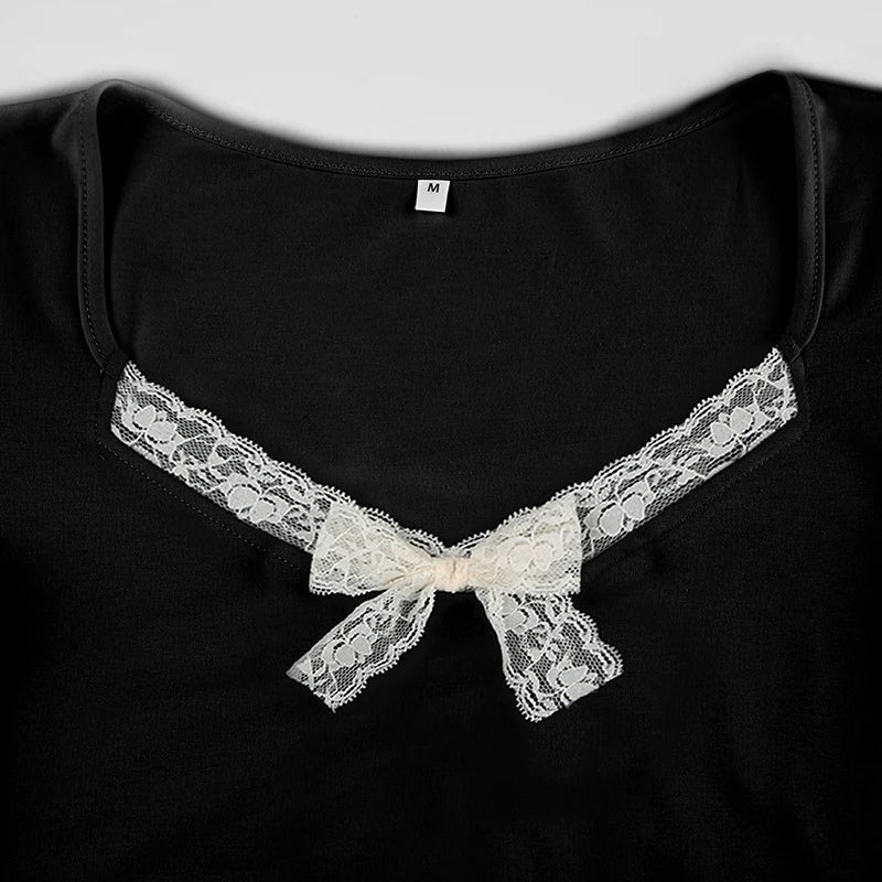 Solid Color Lace Bow V-Cut Pink Ribbon Bow Short Sleeve