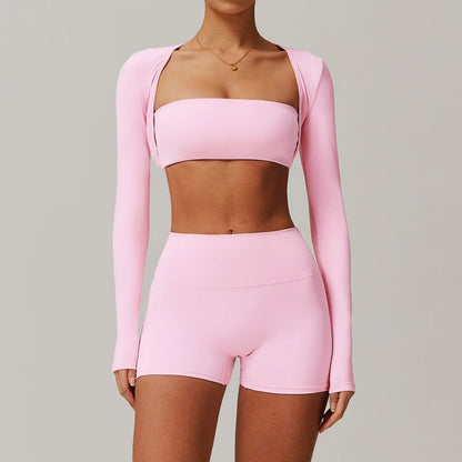 Solid Color Stretchy Cardigan And Bralette And High Waisted Shorts Set