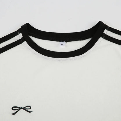 White Bow Embroidery Black Trim Short Sleeve