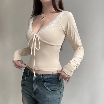 Beige V-Cut Lace Trim Bow Long Sleeve