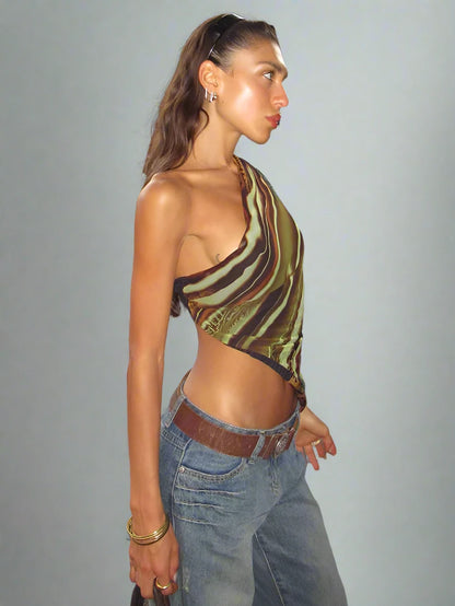 Green And Brown Swirl Asymmetric Trim One Shoulder Top