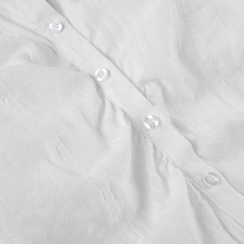 White Ribbed Button Up Buckle Short Sleeve