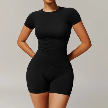 Solid Color Stretchy Patchwork Short Sleeve And Ruched Booty High Waisted Biker Shorts Set