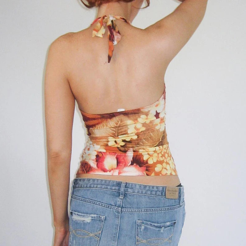 Orange Floral Print Twist V-Cut Halter Top