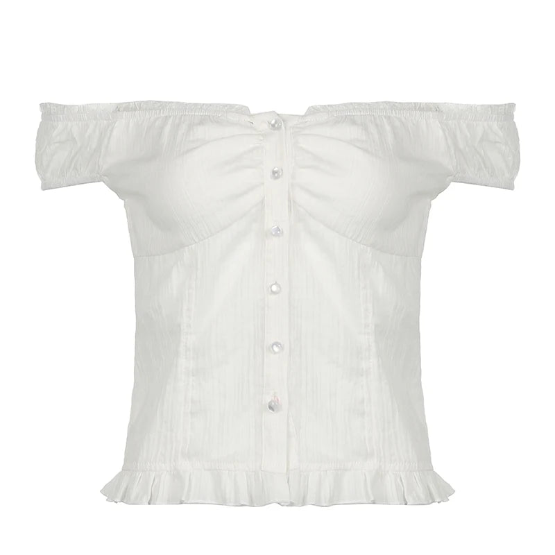 White Ribbed Button Up Ruffle Trim Puff Off Shoulder Short Sleeve