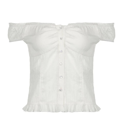 White Ribbed Button Up Ruffle Trim Puff Off Shoulder Short Sleeve