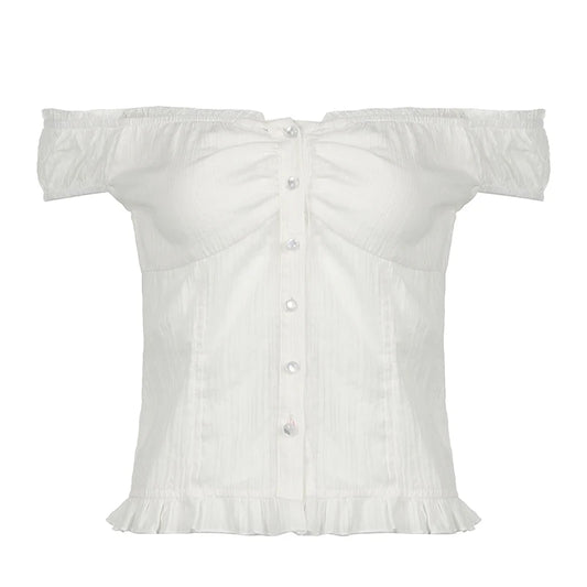 White Ribbed Button Up Ruffle Trim Puff Off Shoulder Short Sleeve