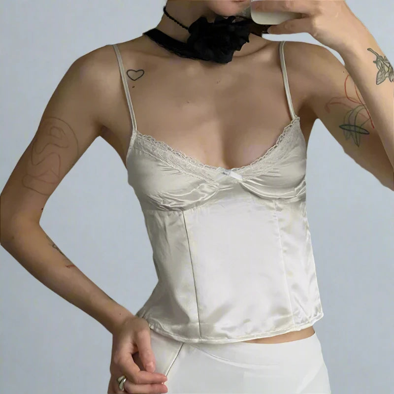 White Silk Lace V-Cut Spaghetti Strap Top