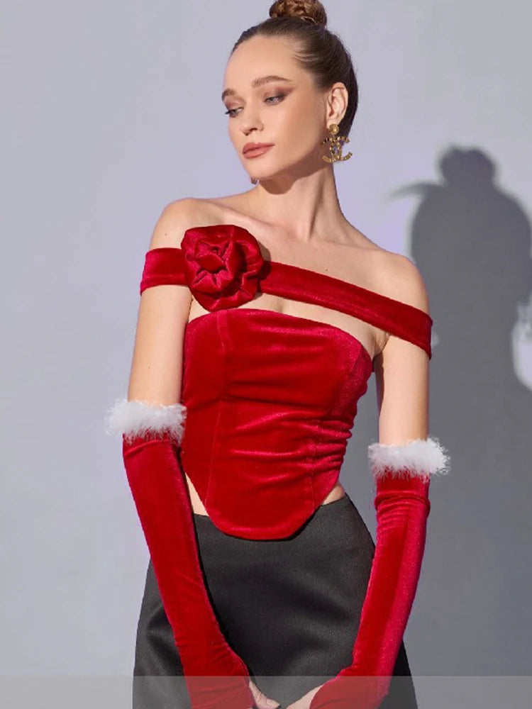 Red Suede Fur trim Gloves And Rose Corset Strapless Top