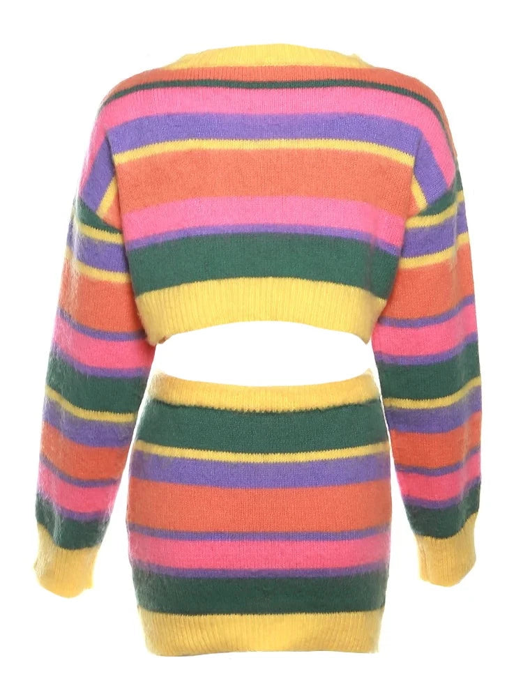 Multicolor Knit Striped Crop Sweater And Mini Skirt Set