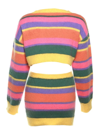 Multicolor Knit Striped Crop Sweater And Mini Skirt Set