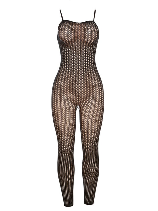 Black Mesh Hollow Out Spaghetti Strap Jumpsuit