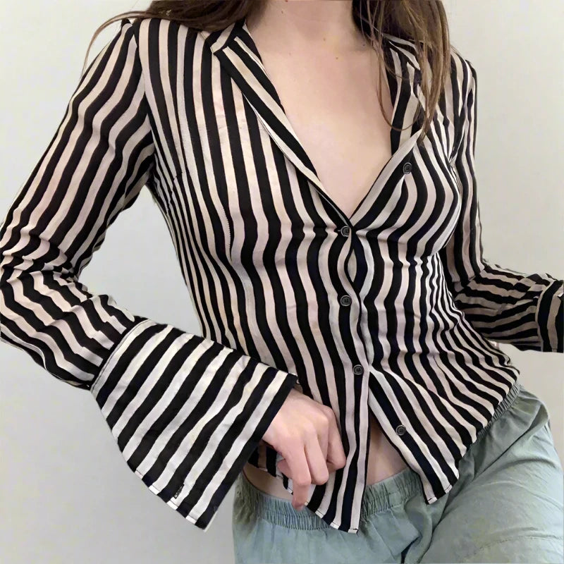 Black And White Stripe Button Up Long Sleeve