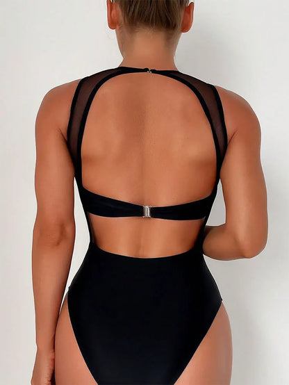 Black Mesh Hollow Out Backless Halter One Piece