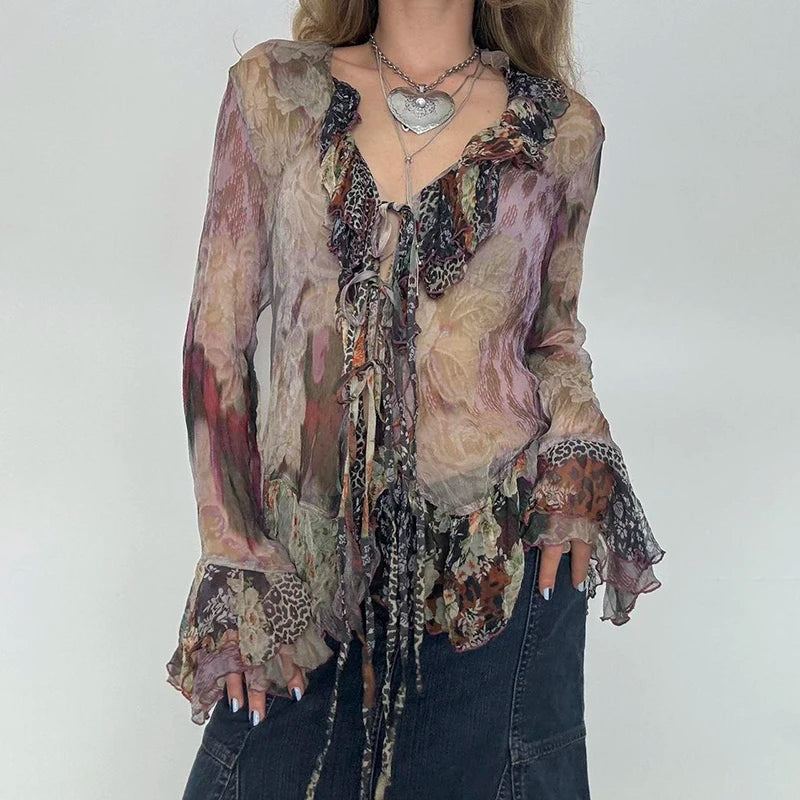 Brown Sheer Cheetah And Tie-Dye Print Front Tie Ruffle Trim Flare Long Sleeve