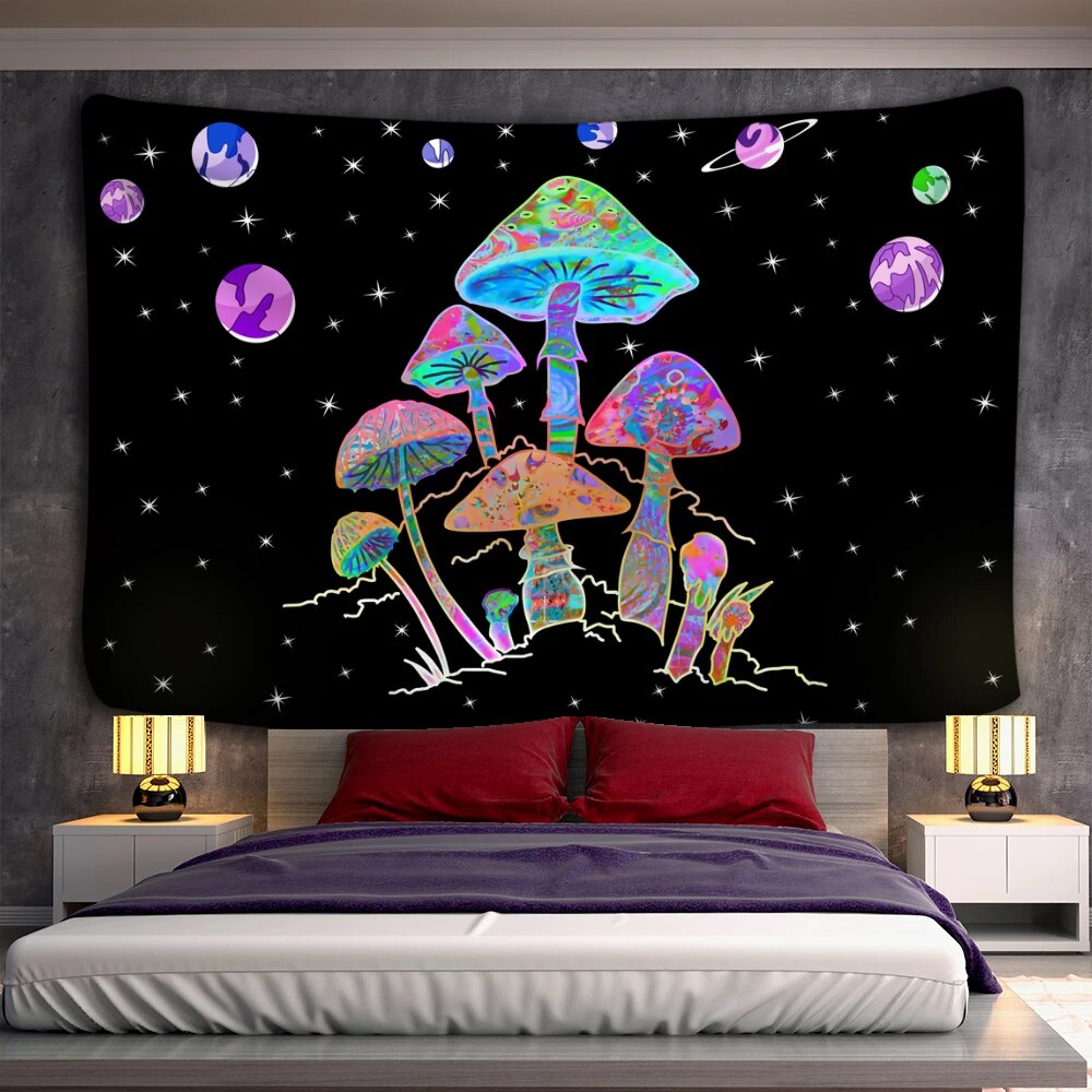 Neon Mushroom And Planets Tapestry