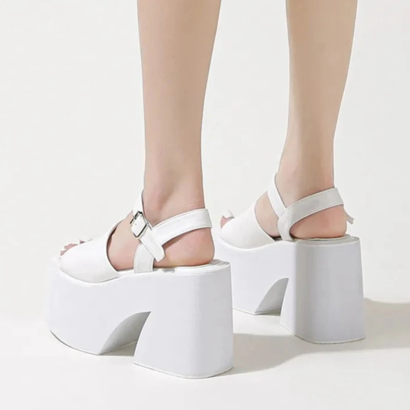 Neutral Leather Thick Strap Square Toe Platform Heels