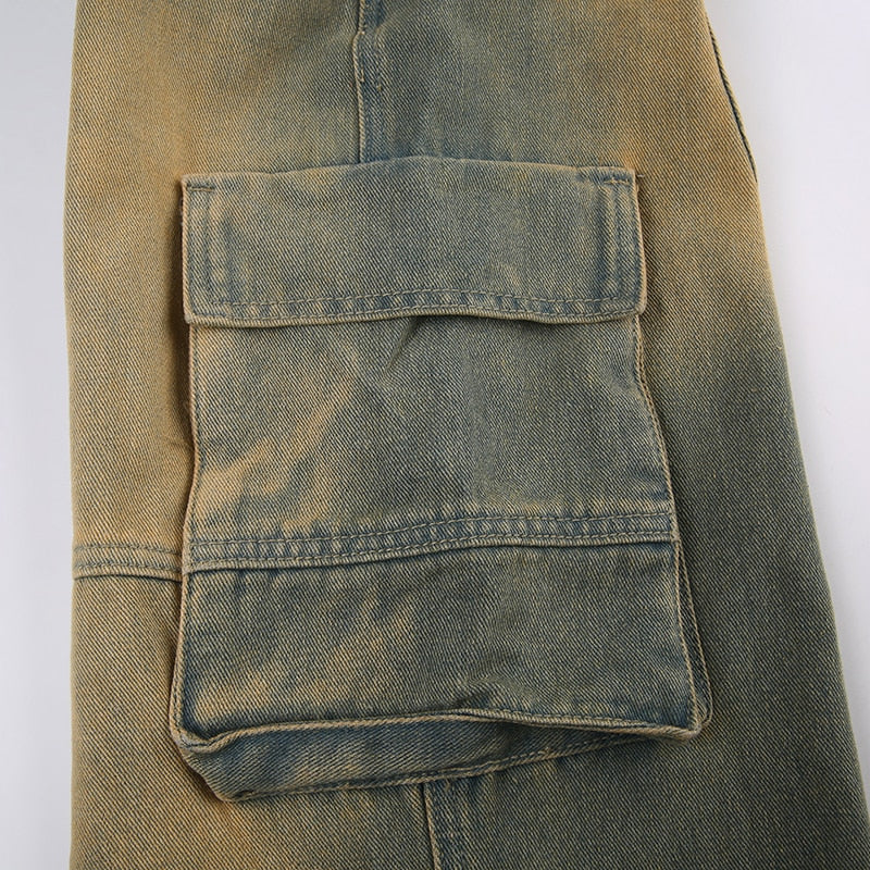 Blue Washed Out Denim Cargo Fringe Trim Low Waisted Baggy Jeans