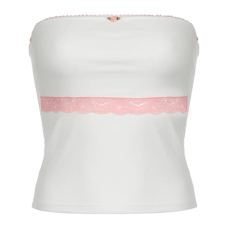 White Pink Rose And Lace Strapless Top