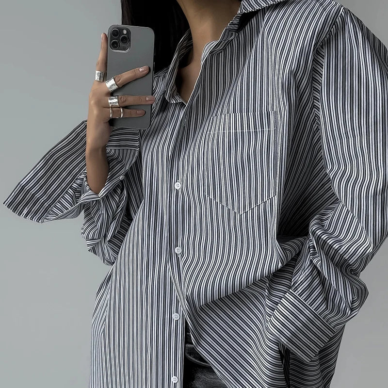 Solid Color Stripe Button Up Oversized Long Sleeve