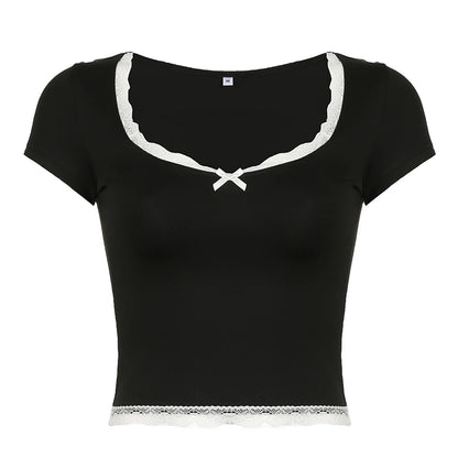 Solid Color V-Cut Bow Lace Trim Short Sleeve