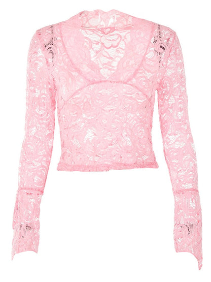 Solid Color Lace V-Cut Flare Long Sleeve