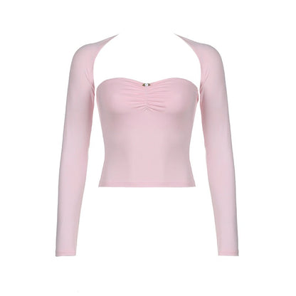 Pink Ruched Strapless And Long Sleeve