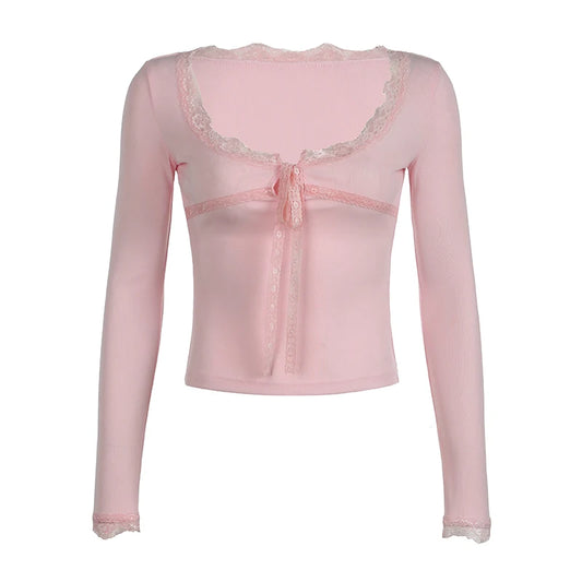 Pink Knit Lace V-Cut Ribbon Bow Long Sleeve