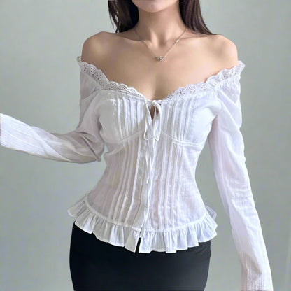 White Pleated Front Tie Button Up Ruffle Trim Long Sleeve