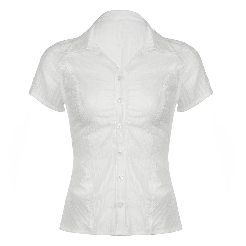 White Ribbed Button Up Buckle Short Sleeve